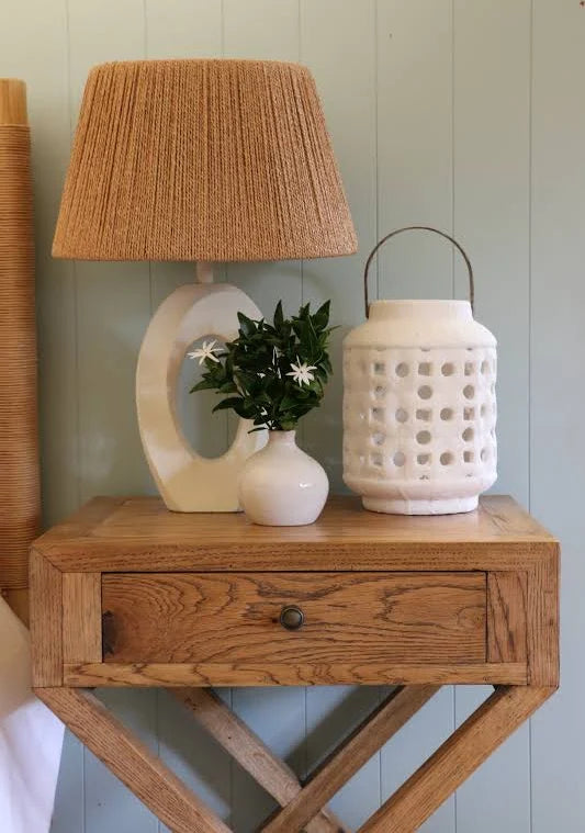 Orbital Lamp in Matt White with natural loom tapered drum shade 36cm